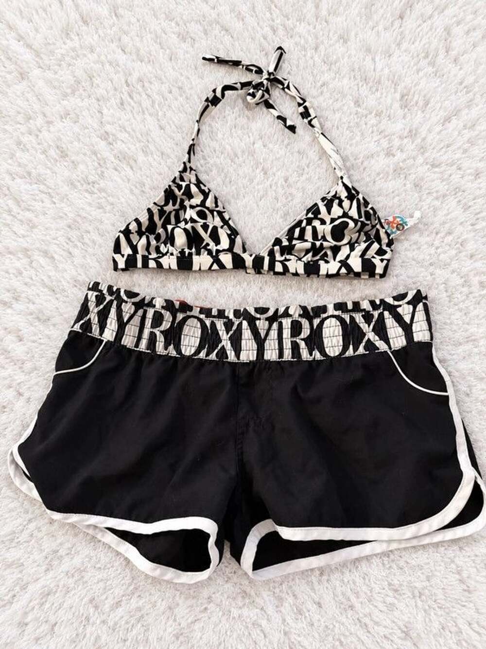 Y2K Roxy Black White Logo Halter Bikini & Board Shorts Set L 9 juniors